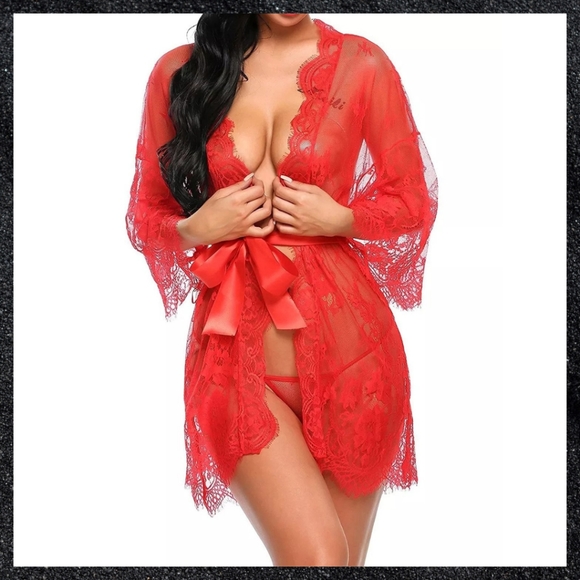 Red Sheer Floral Lace Robe - Picture 5 of 8